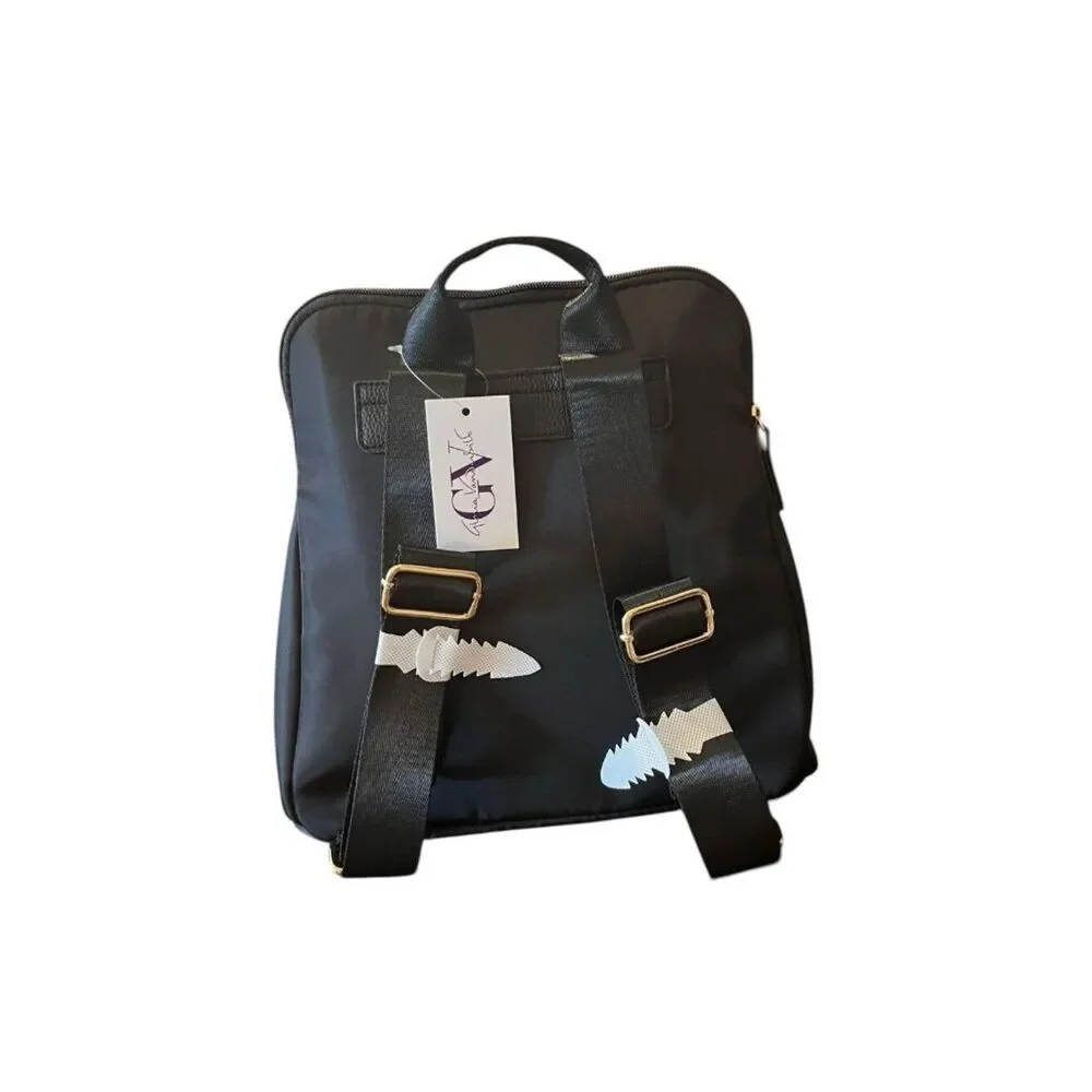Gloria Vanderbilt Black Nylon Minimalist Gold Swan Mini Backpack Bag Purse NWT